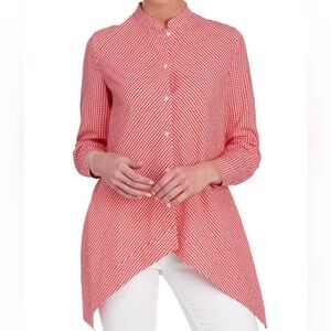 Anne Klein Red Gingham Long Sleeve Tent Style Asymmetrical Button Shirt